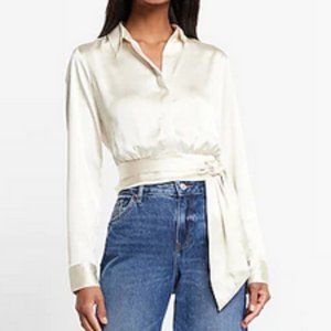 Express Satin Tie Front Banded Bottom Portofino Shirt in Swan - Small
